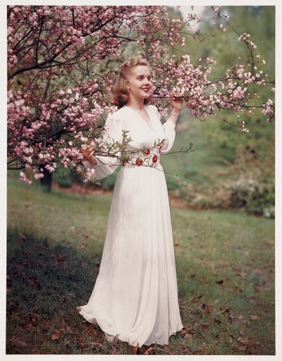 Mulher a modelar um vestido perto da flor, c 1940 de Frederick (attr. to) Barnard