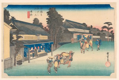 Narumi, um lugar famoso por seu tecido, nas cinquenta e três estações da estrada Tokaido de Hiroshige