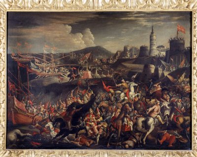 Ataque dos sarracenos na Ilha de Malta, defendido pelos cavaleiros hospitalares em 1565 de Italian School