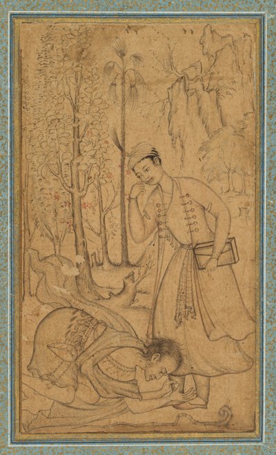 Um homem santo se prostrando diante de um príncipe instruído, c. 1585, fronteira adicionada provavelmente 1700. de   Manohar