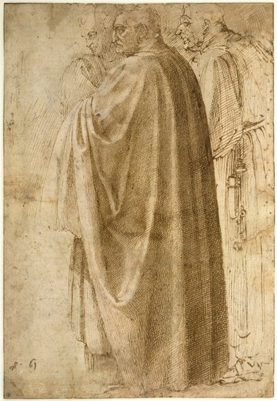 Três homens de pé, com capas largas, virados para a esquerda de Michelangelo
