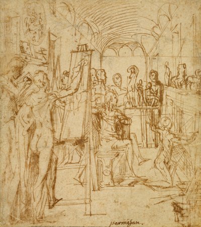 Interior do estúdio de um pintor de Parmigianino