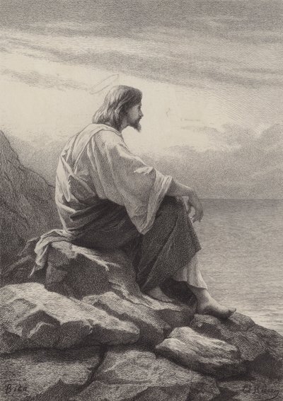 Jesus sentado ao lado do mar de after Albert Robida