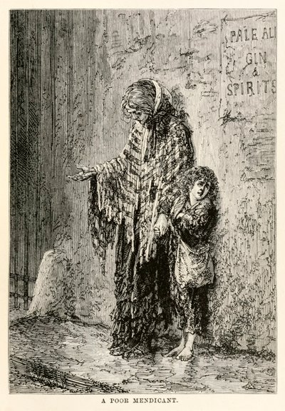 Um pobre mendicante, de todo o mundo em oitenta dias por Jules Verne (1828-1905), gravado por Louis Dumont (n.1822) 1873 de after Alphonse Marie de Neuville