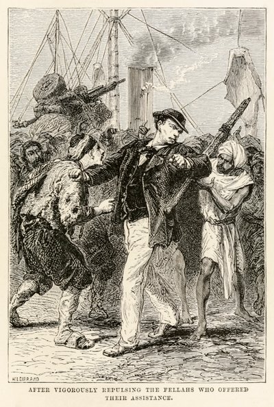 Depois de repelir vigorosamente os fellahs que ofereceram sua assistência, de Volta ao Mundo em Oitenta Dias, de Jules Verne (1828-1905), gravada por Henri-Théophile Hildebrand (1824-1897) 1873 (gravura de after Alphonse Marie de Neuville