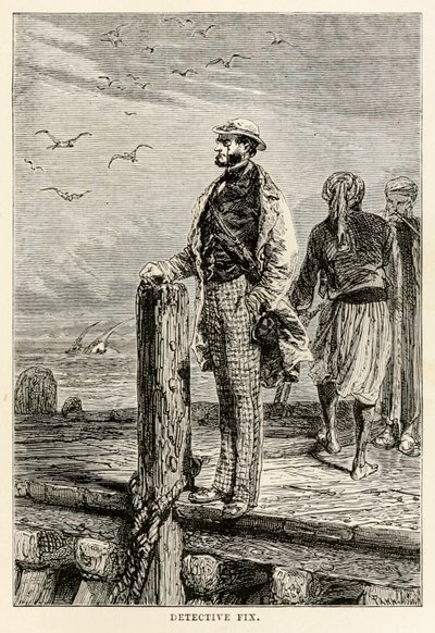 Detetive Fix, de todo o mundo em oitenta dias por Jules Verne (1828-1905), gravado por Louis Dumont (n.1822), 1873 de after Alphonse Marie de Neuville
