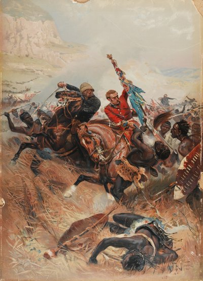 Tenentes Melville e Coghill Salvando as Cores, Guerra Zulu de 1879, 1881 (chromolitho) de after Alphonse Marie de Neuville