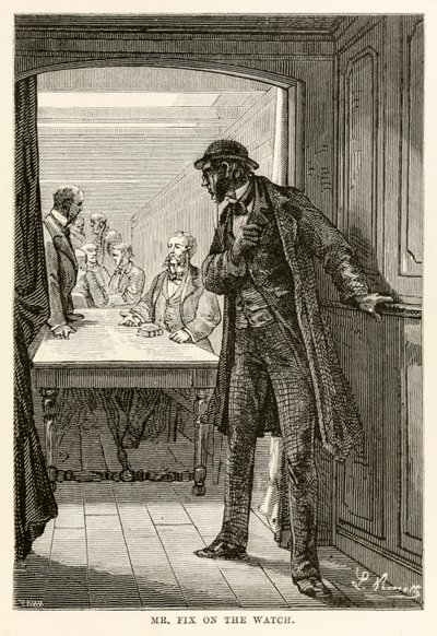 Sr. Fix no relógio, de todo o mundo em oitenta dias por Jules Verne (1828-1905), gravado por Louis Dumont (n.1822), 1873 de after Alphonse Marie de Neuville