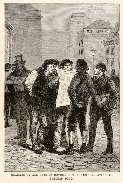 Leitores de todas as classes devoraram as notícias relativas a Phileas Fogg, de Volta ao Mundo em Oitenta Dias, de Jules Verne (1828-1905), gravada por Louis Dumont (n.1822). de after Alphonse Marie de Neuville