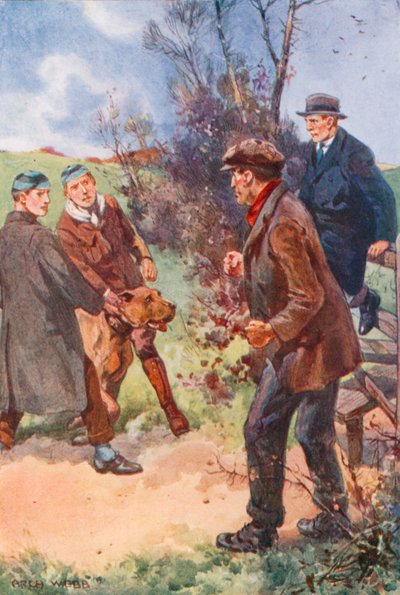 O homem recuou com uma risada desconfortável, os olhos ainda fixos no cão de after Archibald Bertram Webb