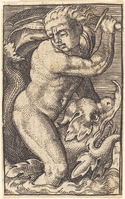 Cópia ao contrário de "Sea-God to the Left Riding on a Dolphin" de after Barthel Beham