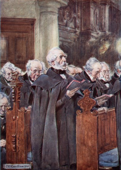 Sua querida velha cabeça estava curvada sobre seu livro de orações de after Charles Edmund Brock