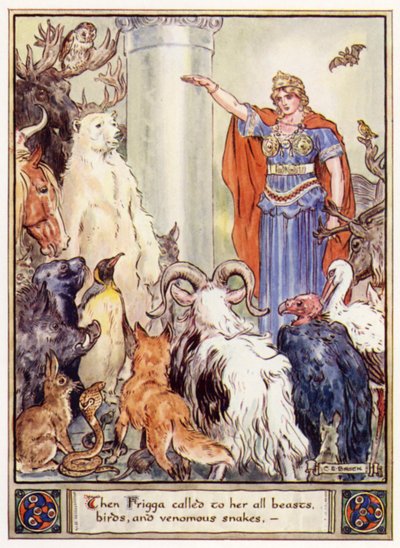 Então Frigga chamou a ela todos os animais, pássaros e cobras venenosas de after Charles Edmund Brock