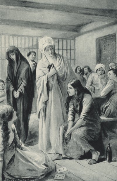 Elizabeth Fry andando livremente dentro e fora das masmorras de Newgate de after Charles Mills Sheldon