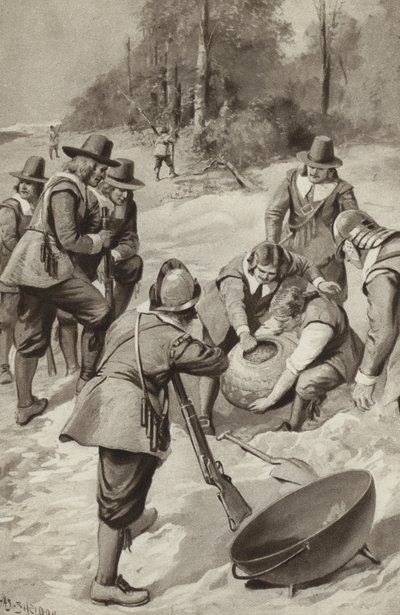Os padres peregrinos batem na areia e encontram milho de after Charles Mills Sheldon