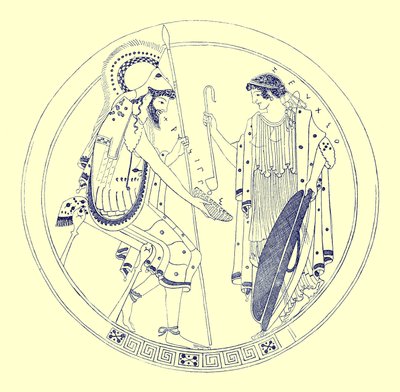 Um guerreiro sentado segura sua taça de vinho, ilustração de Grego Vase Paintings por JE Harrison e DS MacColl, publicado em 1894 (imagem aprimorada digitalmente) de after English School