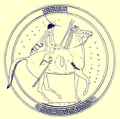 Menino a cavalo, ilustração de pinturas em vaso grego por JE Harrison e DS MacColl, publicado em 1894 (imagem aprimorada digitalmente) de after English School