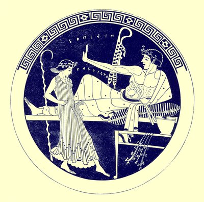 A menina de dança e a juventude do deleite, ilustração das pinturas gregas do vaso por JE Harrison e por DS MacColl, publicaram 1894 (imagem realçada digital) de after English School