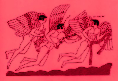 Três deuses alados do amor, ilustração de pinturas gregas do vaso por JE Harrison e por DS MacColl, publicada 1894 (imagem realçada digital) de after English School