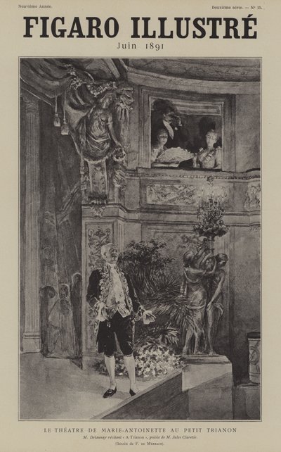 O ator francês Louis Arsene Delaunay recitando Jules Clareties poema Um Trianon no teatro de Marie Antoinette no Petit Trianon, Versailles de after Felicien baron de Myrbach Rheinfeld