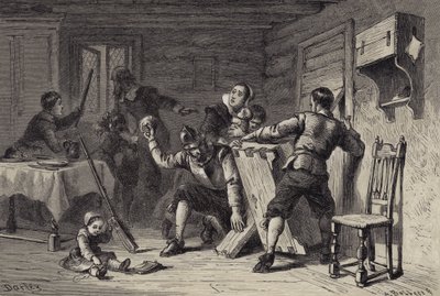 Puritanos barricando sua casa contra os índios de after Felix Octavius Carr Darley