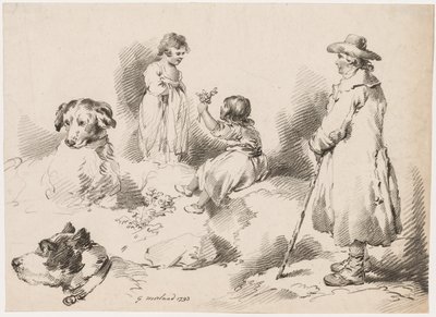 Estudos de Crianças (Duas Meninas); Dois cachorros; Um homem de after George Morland