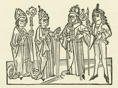 O Sacro Imperador Romano e o Papa, acompanhados por um cavaleiro e um bispo, segurando espadas, simbolizando o poder judiciário em suas terras de after German School