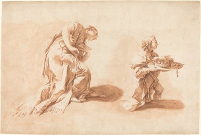 Uma mulher ajoelhada com um incensário e um pajem segurando uma coroa e um cetro de after Giovanni Battista Pittoni the younger Anton Kern