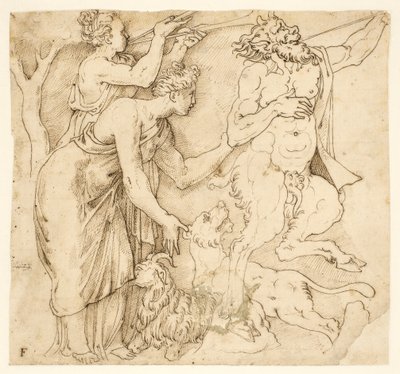 Um sátiro, duas mulheres, um leão e uma cabra de after Giulio Romano