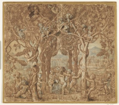 Putti colhendo vinho e brincando com um bode de after Giulio Romano