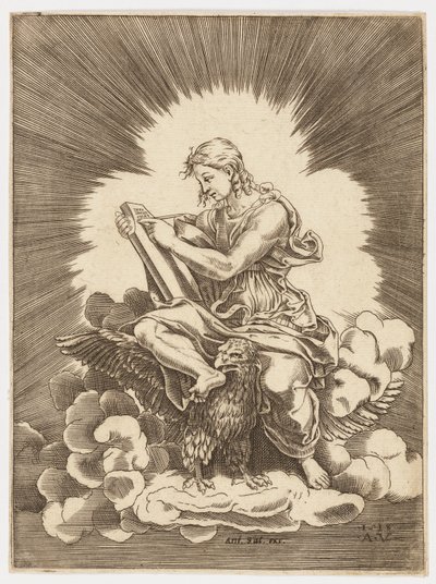 São João, escrevendo, sentado em uma águia de after Giulio Romano