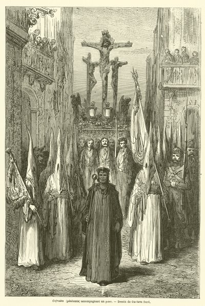 Cofrades (penitentes) acompanham um passo de Gustave after Dore