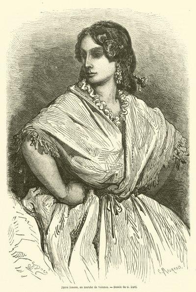 Mulher jovem, andar, em, valencia de Gustave after Dore