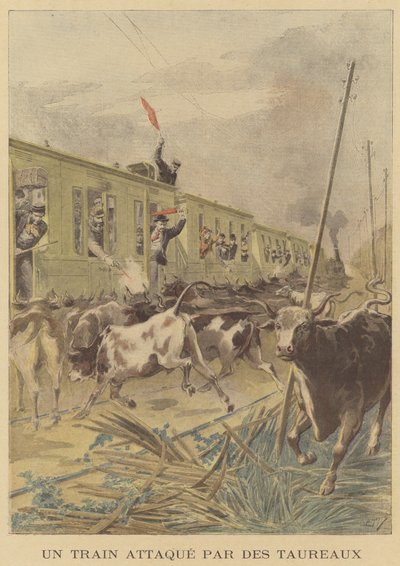 Um trem atacado por touros de after Henri Meyer