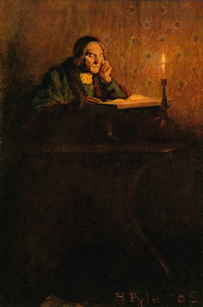 Um cavalheiro limpo e enrugado sentou-se em uma mesa de after Howard Pyle