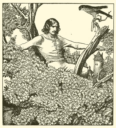 Sir Launcelot sobe para pegar o falcão ladys de after Howard Pyle