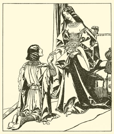 Sir Lancelot cumprimenta a rainha Guinevere de after Howard Pyle