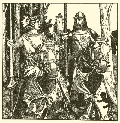Sir Percival e Sir Lamorack andam juntos de after Howard Pyle
