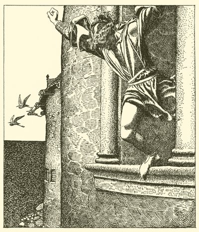 Sir Tristram pula para o mar de after Howard Pyle