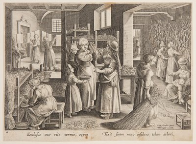 Alimentando folhas de amoreira para os bichos-da-seda de after Jan van der Straet, called Stradanus