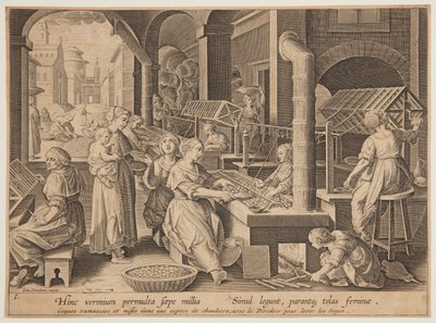 Desenrolando os casulos de seda de after Jan van der Straet, called Stradanus