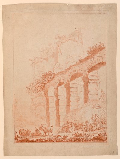 Cabritos na paisagem com ruínas de after Jean Baptiste Huet