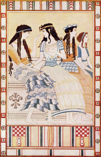 Senhoras do Tribunal Minóico, ilustração de &39;Mitos de Creta e Europa pré-helénica&39;, de Donald A. Mackenzie, publicada em 1917 de after John Duncan