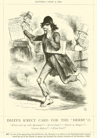 Cartão Dizzys Krect para o Derby  de after John Tenniel