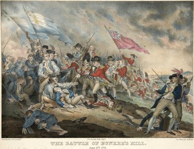 A Batalha de Bunkers Hill, 17 de junho de 1775, gravada por Alfred Hoffy (c.1790-1860), pub. 1786 (gravura colorida à mão) de after John Trumbull