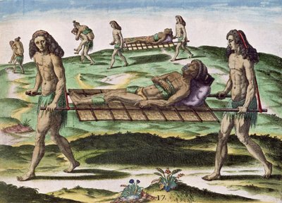 Hermafroditas Transportando o Ferido, de &39;Brevis Narratio ...&39;, publicado por Theodore de Bry, 1591 de after Le Moyne, J.Bry