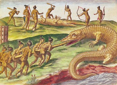 Caçando Crocodilos, de &39;Brevis Narratio ...&39;, publicado por Theodore de Bry, 1591, (gravura a cores) de after Le Moyne, J.Bry