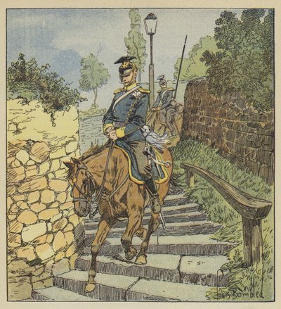 Em Chateaudun, dois ulanos perseguidos descem na escadaria de pedra de 200 degraus de after Louis Charles Bombled