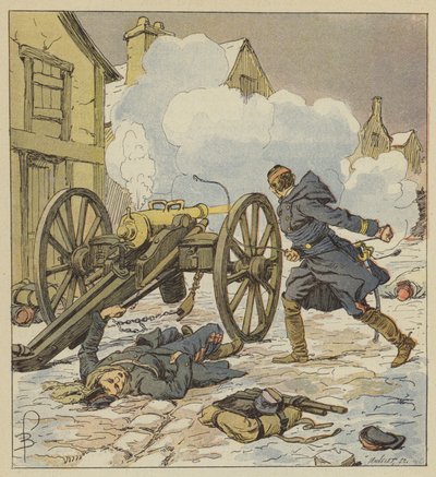 Em Parigne, um capitão de artilharia apóia a aposentadoria carregando e puxando sua última peça de after Louis Charles Bombled