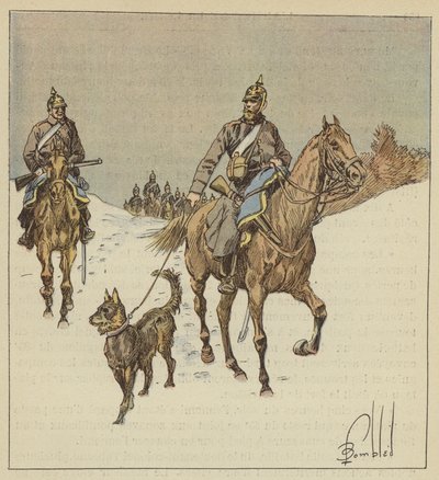 Cavaleiros prussianos em reconhecimento, cães na coleira de after Louis Charles Bombled